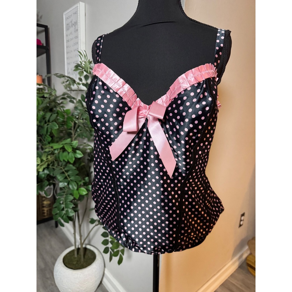 Cacique Intimates Polka Dot Bustier Top Black Pink Ruffle Bow Plus Size 22/24